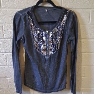 Free People Charcoal Sequin Long Sleeve Top